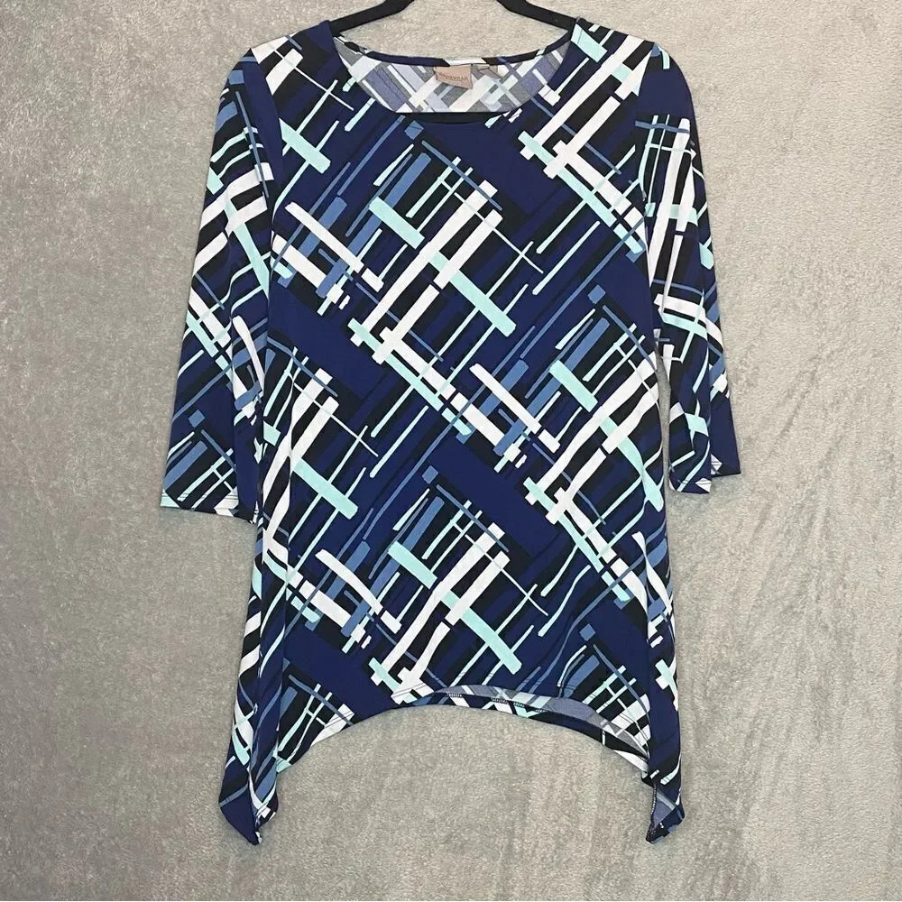 CHICOS 0 Small Top Shirt Navy Blue Striped 3/4 Sleeve Round Neck Asymmetrical